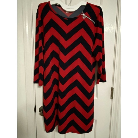 Michael Kors Dress 3/4 Sleeves XL Red/Navy Chevron NEW - Picture 1 of 8